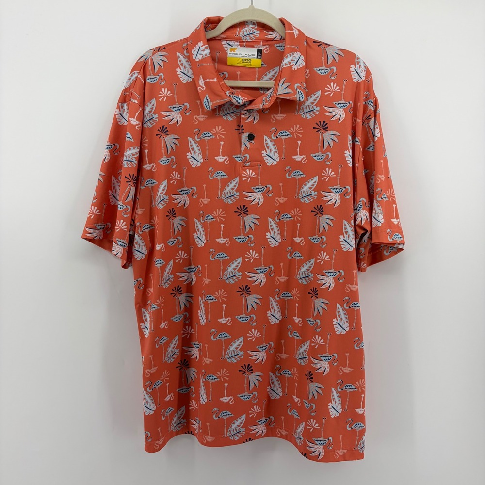 Nicklaus XL Orange Flamingo Tropical Polo Shirt Eco Choice‎ Golf Short Sleeve